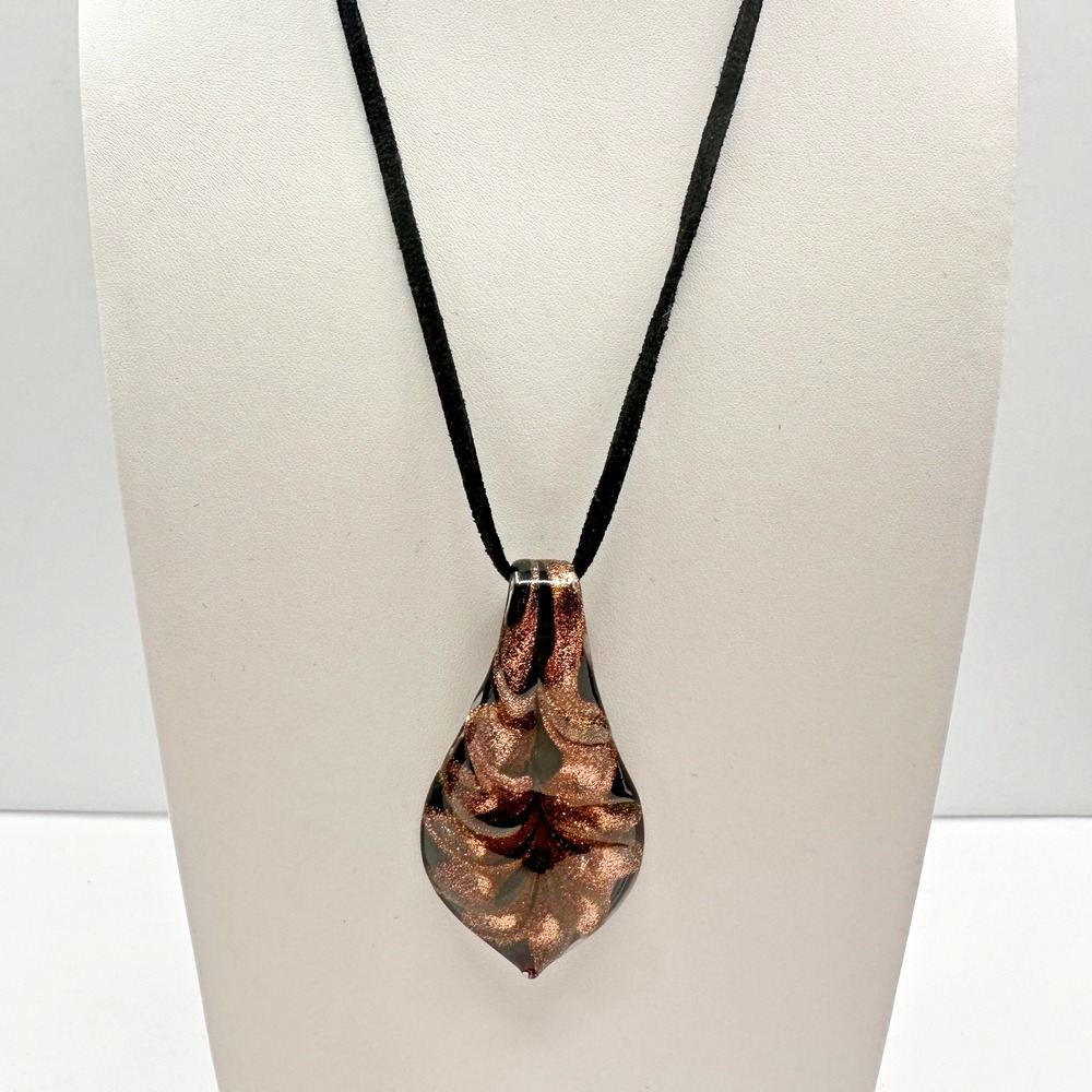 Vintage 90s Murano Style Art Glass Pendant Necklace Gold Tone Fleck Black Cord